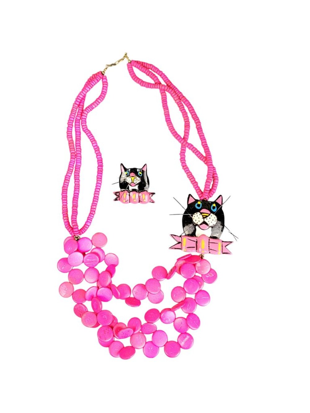 Vintage 80s Cat Necklace Set Pin Colorful Pink Black Jewelry Women Gift Wood Fun